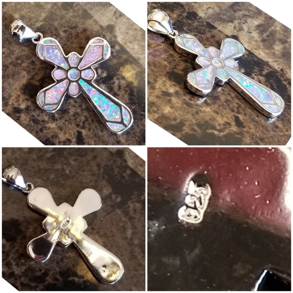 Genuine Australian Fire Opal Inlay Cross Pendant 1.65" - Picture 3 of 4
